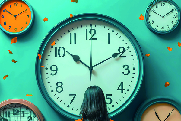 Große Uhr an einer Wandtapete. Der Zeiger steht auf 10 nach 10.