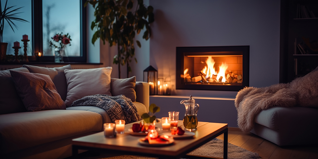 Ein gemütliches Wohnzimmer mit Kerzen auf dem Tisch. Im Kamin prasselt ein Feuer.