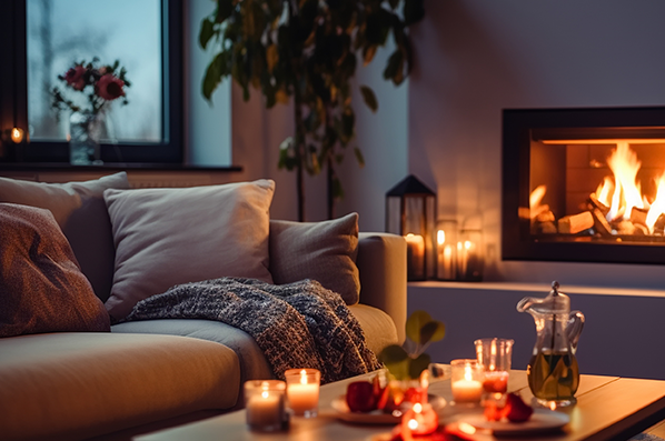 Ein gemütliches Wohnzimmer. Auf dem Tisch stehen Kerzen. Auf dem Sofo ligen Kissen und eine Kuscheldecke.